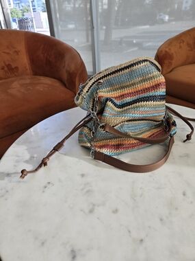 Striped Straw Shoulder Bag with Brown Leather Strap - Multicolor
